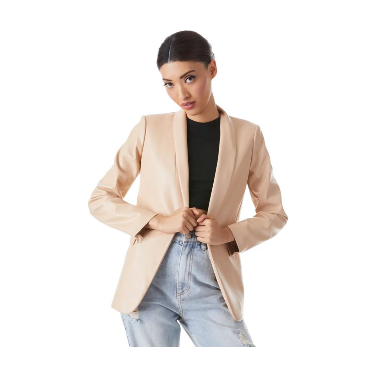 Alice + Olivia Macey Vegan Leather Shawl Collar Blazer