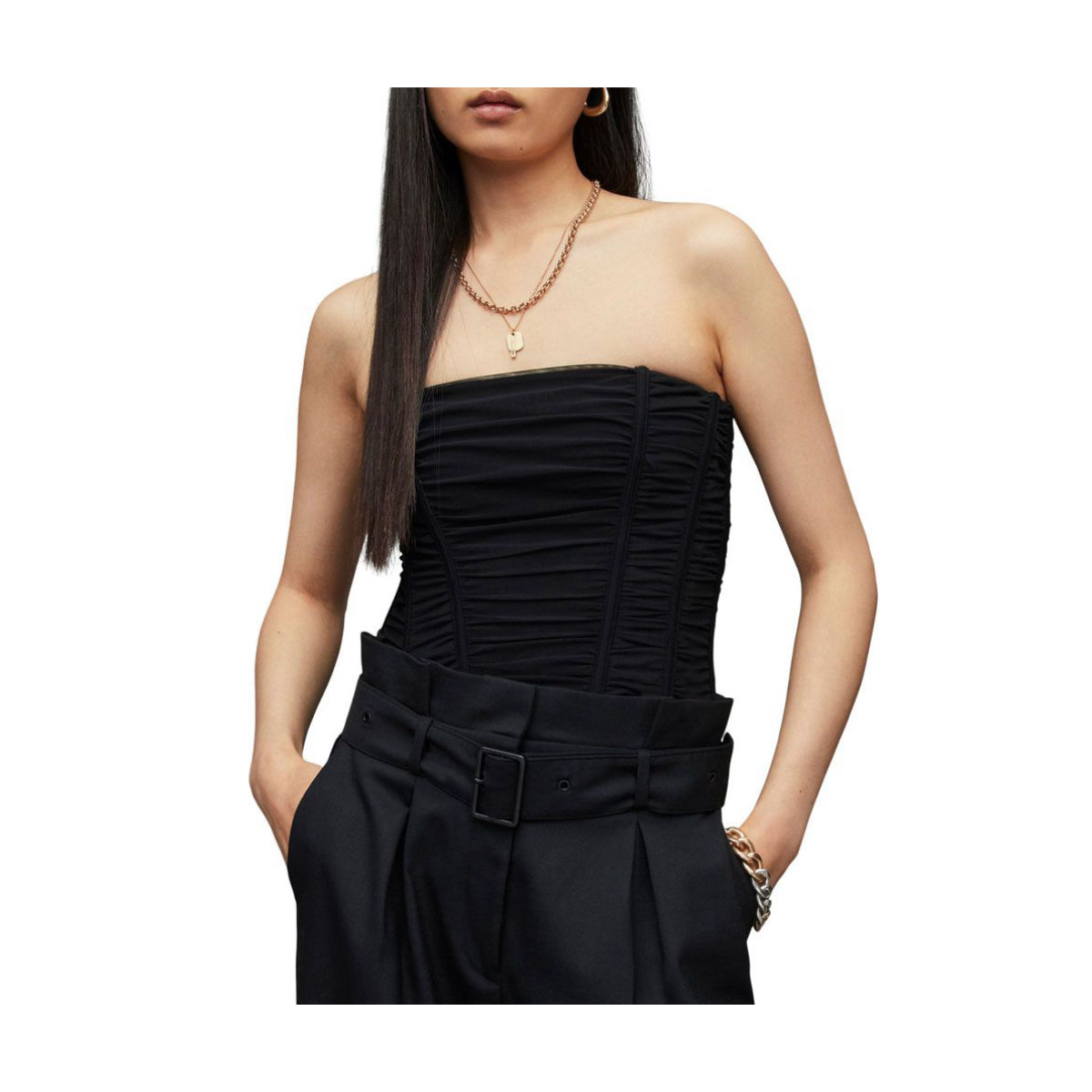 All Saints Kym Ruched Strapless Corset Top