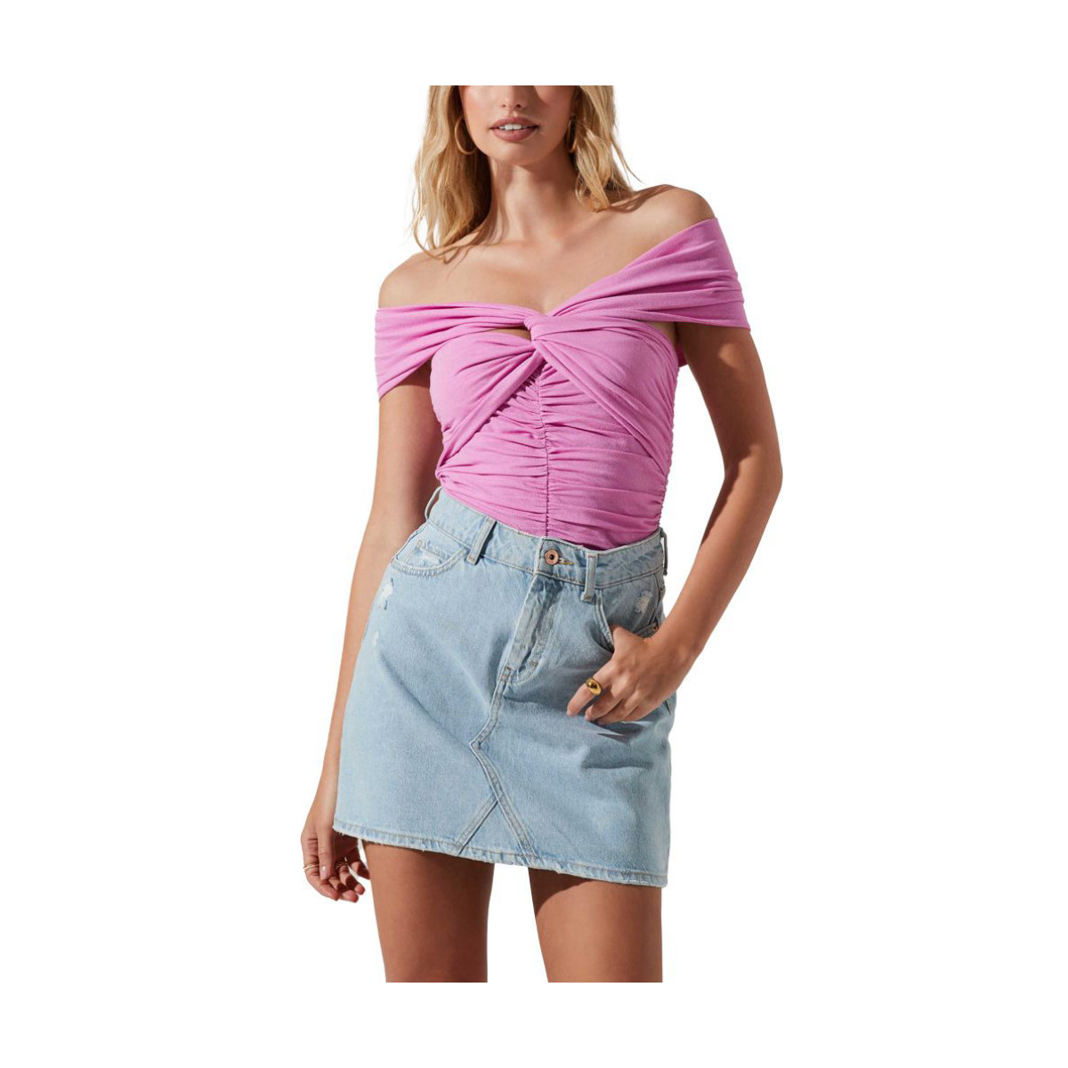 ASTR the Label Cornelia Ruched Off-Shoulder Bodysuit