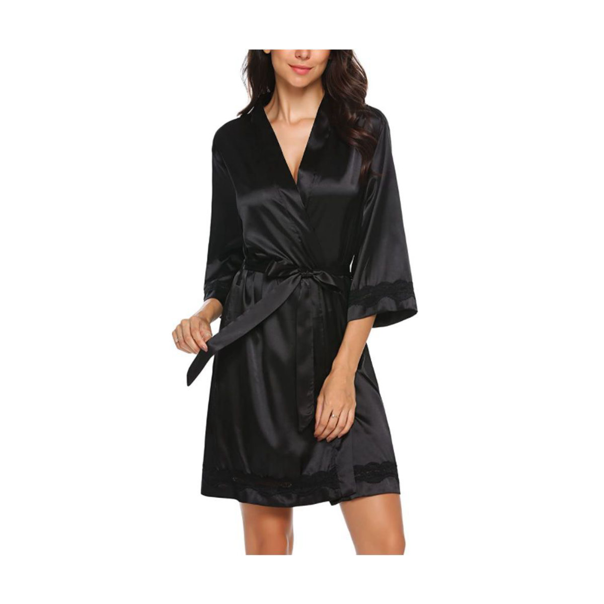 Ekouaer Women's Lace-Trim Kimono Style Short Satin Robe Sleepwear with 3/4 Sleeve