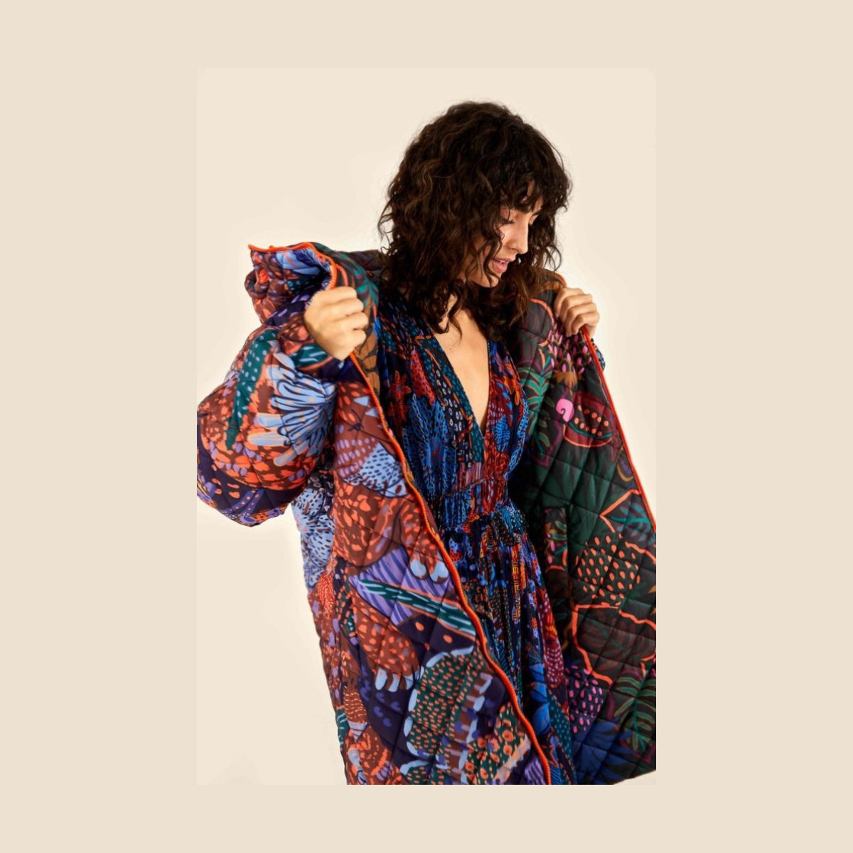Farm Rio Blue Cool Leopard Long Reversible Puffer Jacket