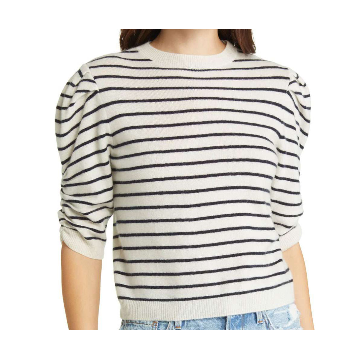 Frame Stripe Ruched Sleeve Cashmere Sweater