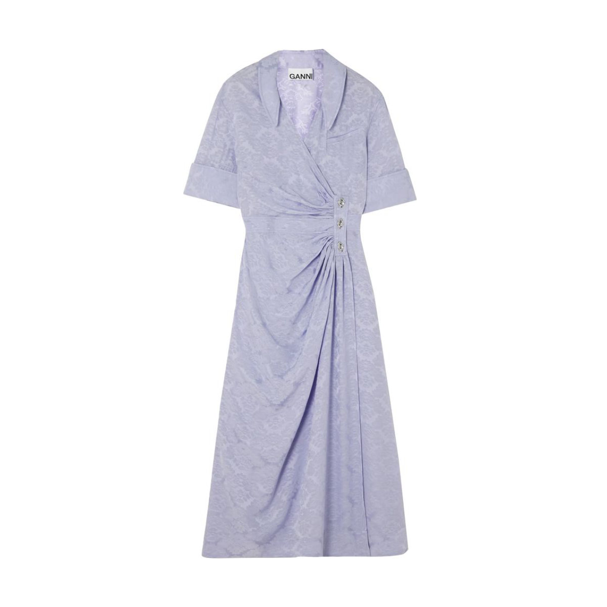 GANNI Lilac Gathered Floral-Jacquard Midi Wrap Dress
