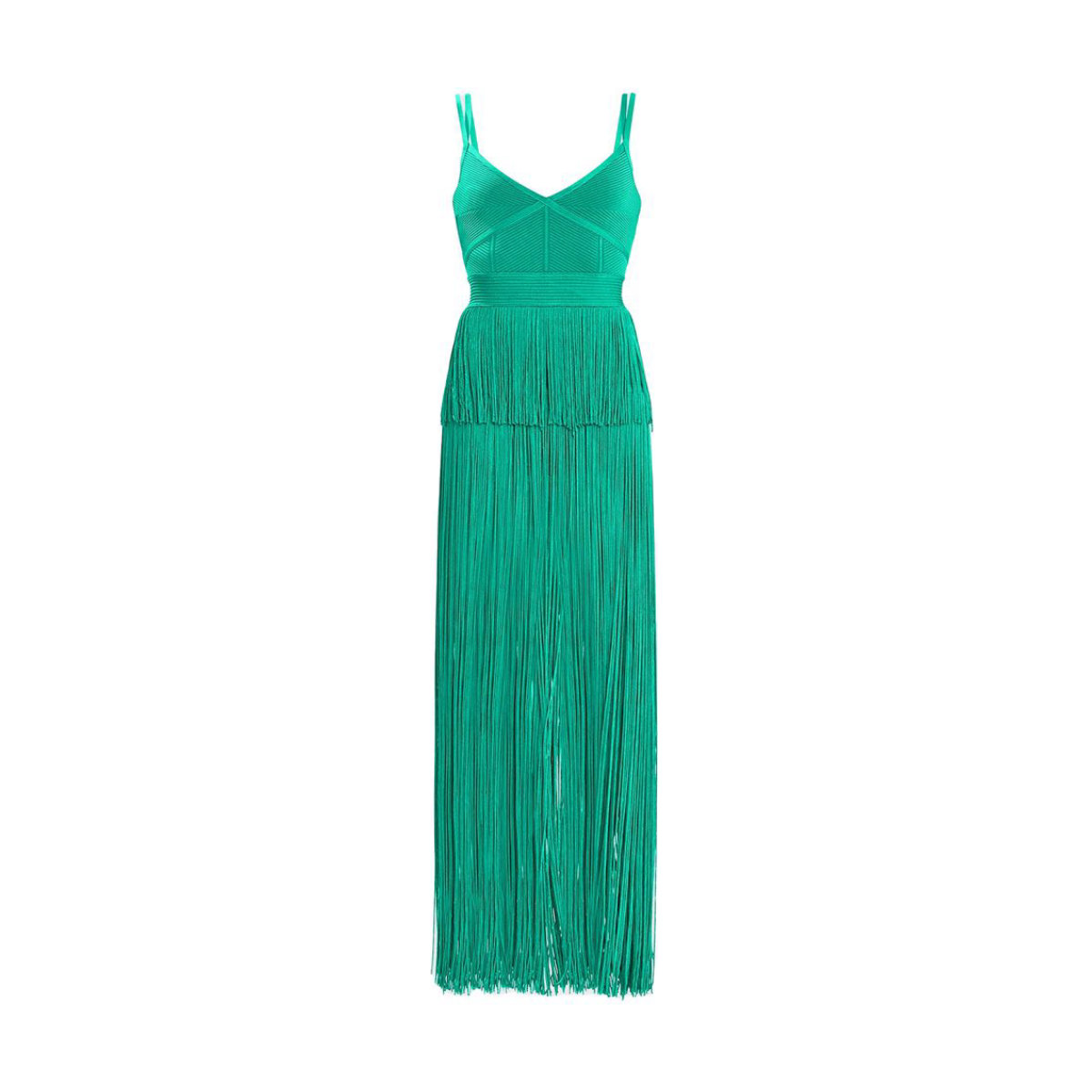 Herve Leger Strappy Ottoman Fringe Gown