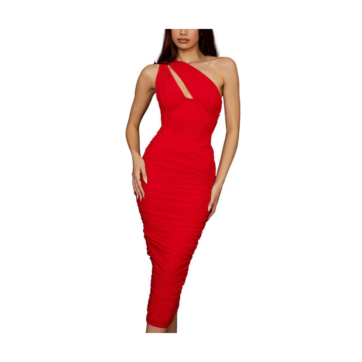 House of CB Valentina Scarlet Asymmetric Cutout Midi Dress