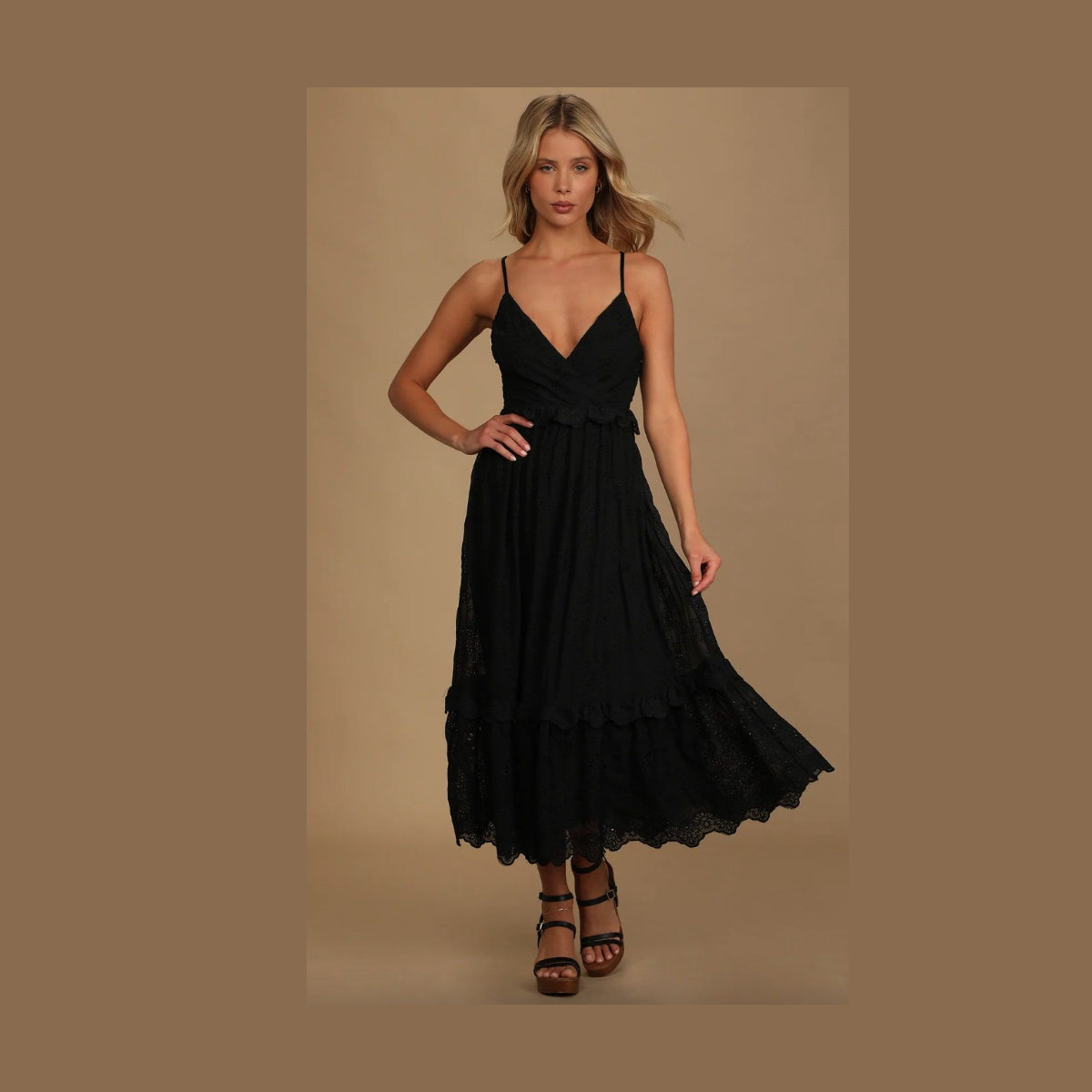 Lulus How Much I Love You Black Eyelet Tiered Midi Dress