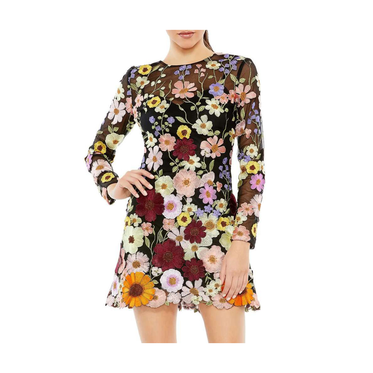 Mac Duggal Embroidered Floral Long Sleeve Mesh Minidress