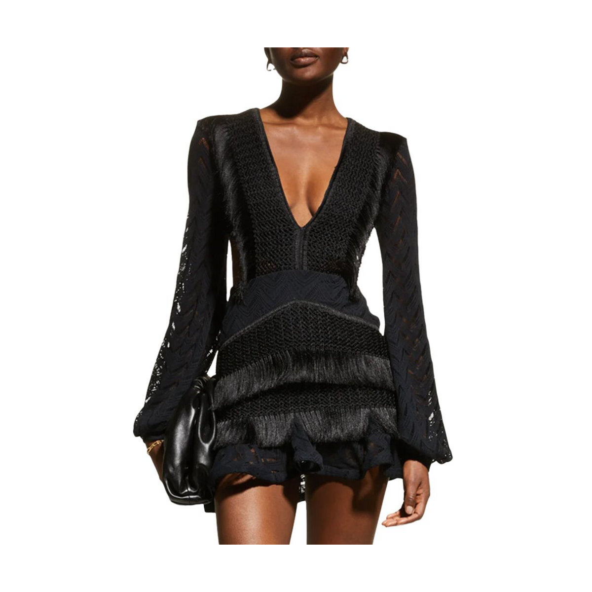 PATBO Crochet and Fringe Tiered Mini Dress