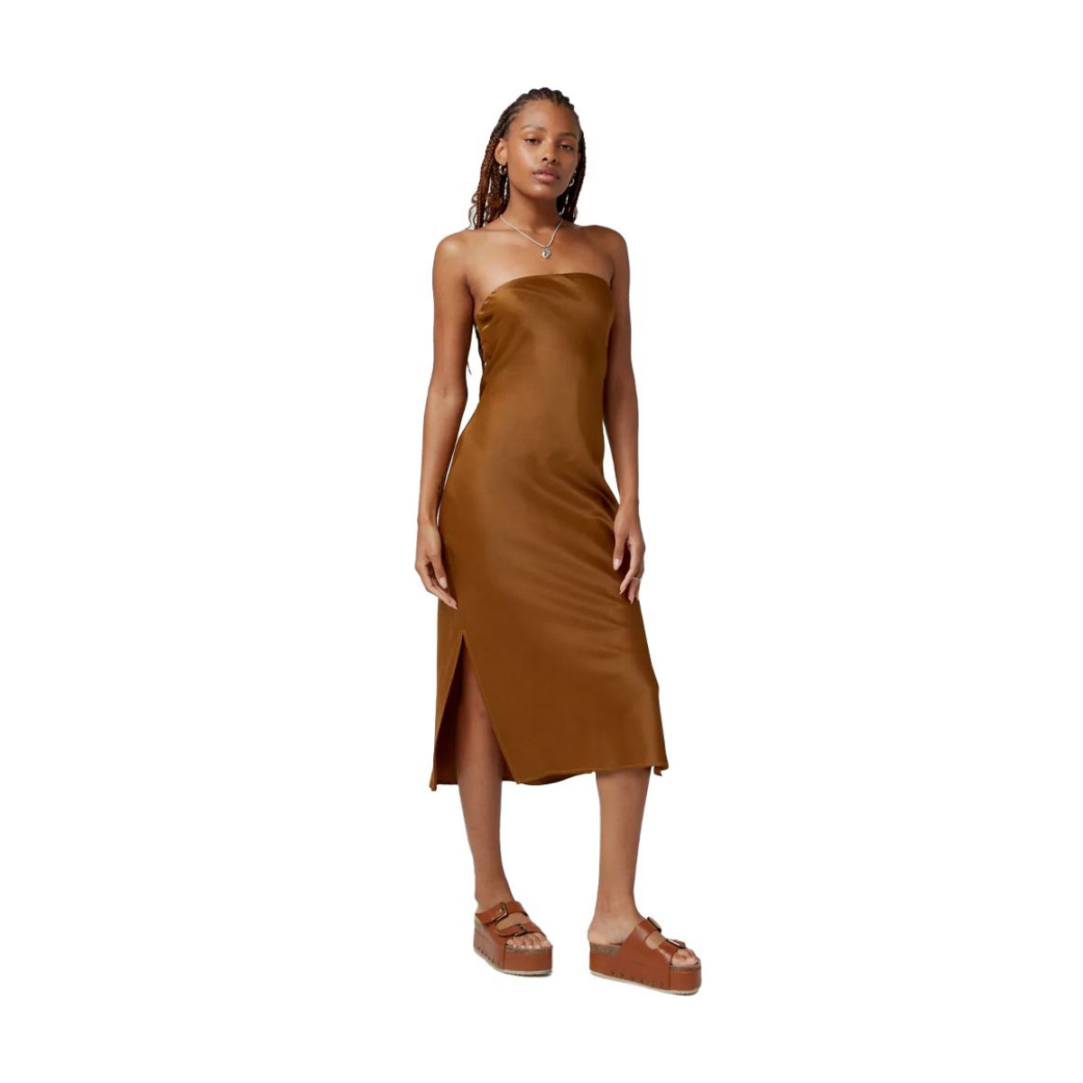 Urban Outfitters Rina Satin Strapless Midi Dress